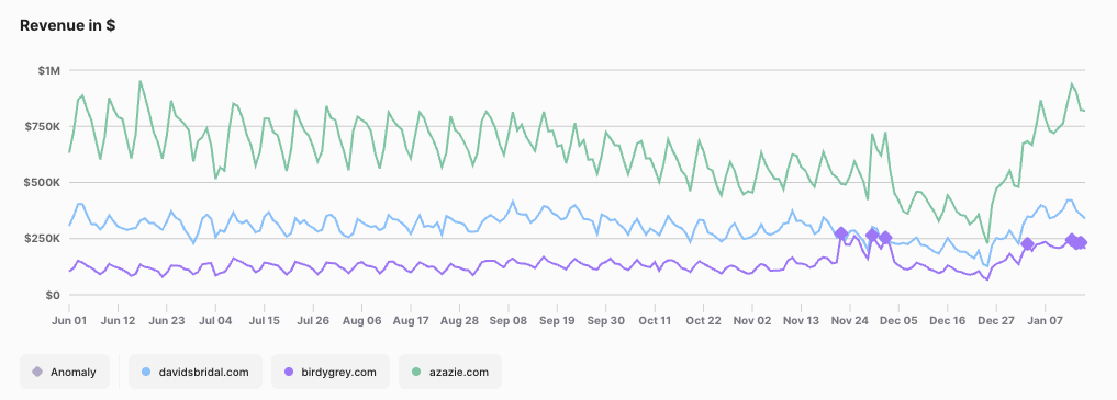 Azazie.com Davidsbridal.com BirdyGrey.com daily revenue