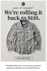 On October 2, 2024, Outerknown held a one day sale discounting their popular Blanket Shirt (normally $168) to $118. Online sales that day reached just over $200,000, up 267% from the average in the days leading up to the sale event. 